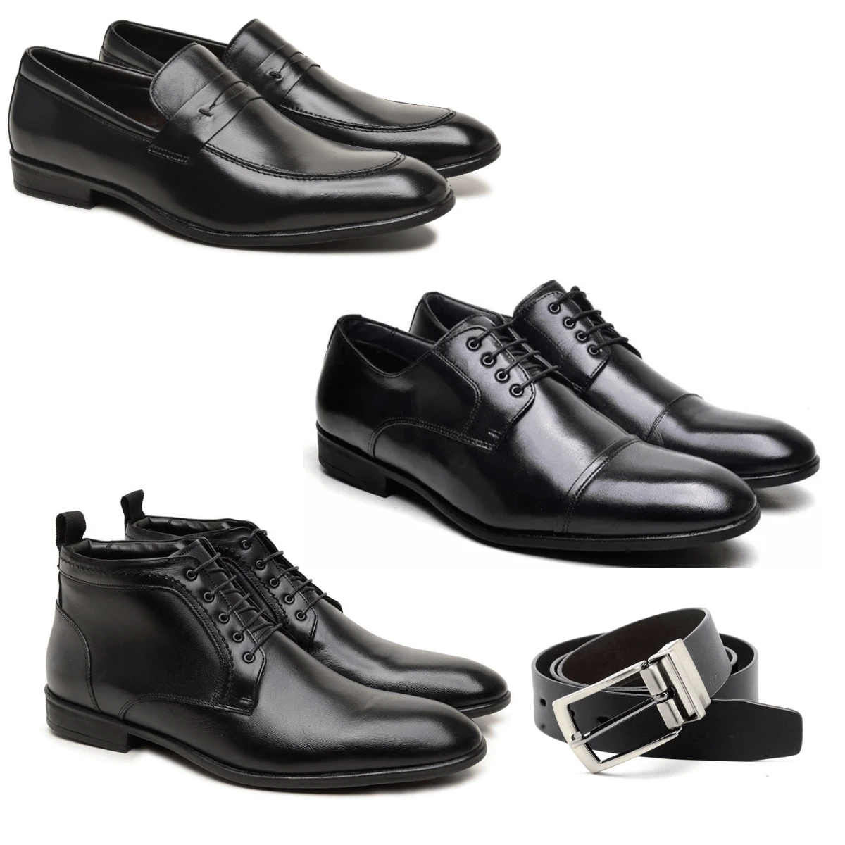 Formal Shoes And Casual Ankle Boots All In Genuine Noble Leather Rubber Sole Super Kit With 3 Pairs Plus Double-Sided Synthetic Belt In Black And Coffee - 黑色 - 查看 1