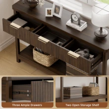 GIKPAL Fluted Console Table, 51" Narrow Entryway Table With 3 Drawers, Console Table Sofa Table With Storage Open Shelf, Modern Display Shelf For Hallway Living Room, Walnut - Quả óc chó - Xem 8
