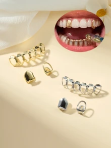 Hip Hop Stainless Steel Grills For Your Teeth Fake Teeth Grillz Mouth Top Tooth Single Grill Cap Teeth Party Accessories,Silver Gold Plated Mouth Teeth Caps For Men Women For Banquet, Prom, Party