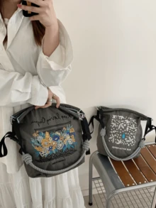 New Bucket Bag With Embroidery, Zipper Closure, Large Capacity, Suitable For Shoulder Wear, Commuting, Shopping, Sports, Casual, Festivals, Christmas Gift