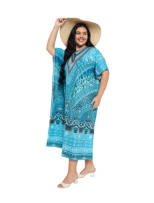 Gypsie Blu Women Kaftan Dress Plus Size Beach Coverup Loungewear Nightdress Summer Night Gown Maxi Length Caftan - 薄荷藍 - 查看 6