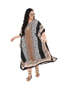 Gypsie Blu Animal Kaftan Dress Plus Size Beach Cover Up Vacation Elegant Caftan For Ladies - 米色 & 黑色 - 查看 7