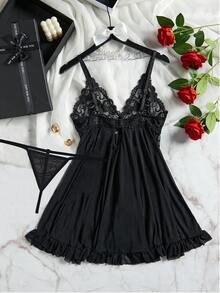 SOFUSEN Women's Lingerie Set, Nightgown And G-String, Sexy Mesh Nightgown, Spaghetti Strap Nightgown, Suitable For Home, Hotel, Valentine's Day And Other Occasions, Sexy Nightgown, Sexy Lingerie - Black - View 2