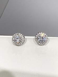 Cubic Zirconia Decor Stud Earrings - Silver - View 8