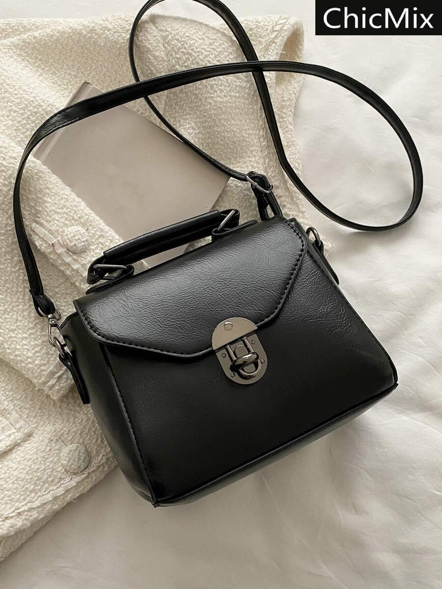 Mini Twist Lock Top Handle Flap Square Bag - Black - View 1