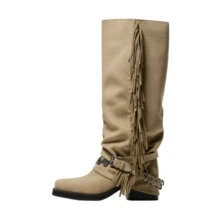 Women's Fringe Knee High Riding Boots Slouchy Square Toe Fold Over Biker Boots Comfortable Dress Party Shopping Christmas Outdoor Moto Buckle Boots For Women - 棕色 - 查看 13