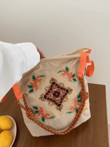 New Bucket Bag With Embroidery, Zipper Closure, Large Capacity, Suitable For Shoulder Wear, Commuting, Shopping, Sports, Casual, Festivals, Christmas Gift