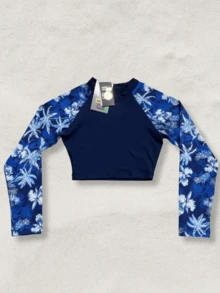 Teens' Raglan Sleeve Tropical Plant Print Crop Top And Shorts Set 65-A - Màu xanh với nền màu xanh - Xem 10