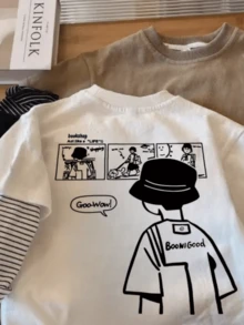 Áo thun thường ngày mùa thu cho bé trai với thiết kế tay sọc, họa tiết hoạt hình thêm phần vui nhộn và thời trang, thích hợp mặc hàng ngày - trắng - Xem 2