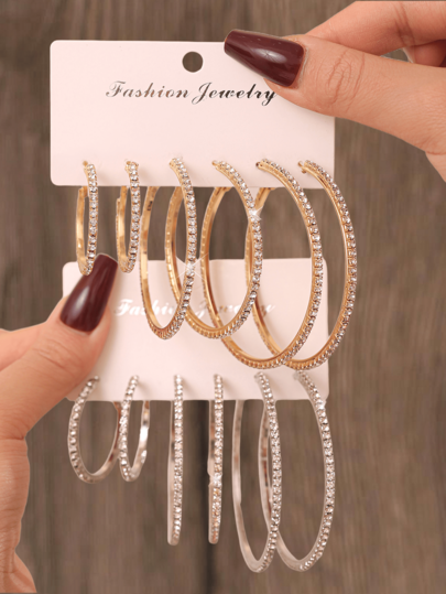 6pcs Fashionable Rhinestone Encrusted Exaggerated Hoop Earrings Set, Elegant Gift For Women, Suitable For Daily Wear And Parties