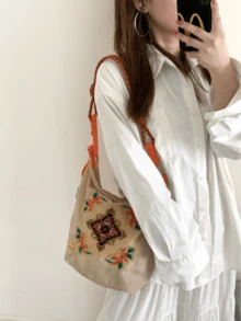 New Bucket Bag With Embroidery, Zipper Closure, Large Capacity, Suitable For Shoulder Wear, Commuting, Shopping, Sports, Casual, Festivals, Christmas Gift