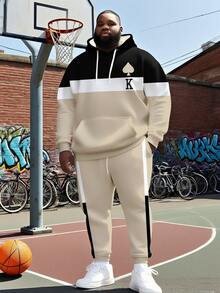 ZhuYa Popular "Old K Pattern And Contrast Striped" Matching Plus Size Men's Hoodie Set, Spring Autumn Winter Sports 2 Pieces Set - Ins Style Plus Size Loose Fit Comfortable Loose Hoodie + Drawstring Sweatpants, Street Hip Hop Versatile