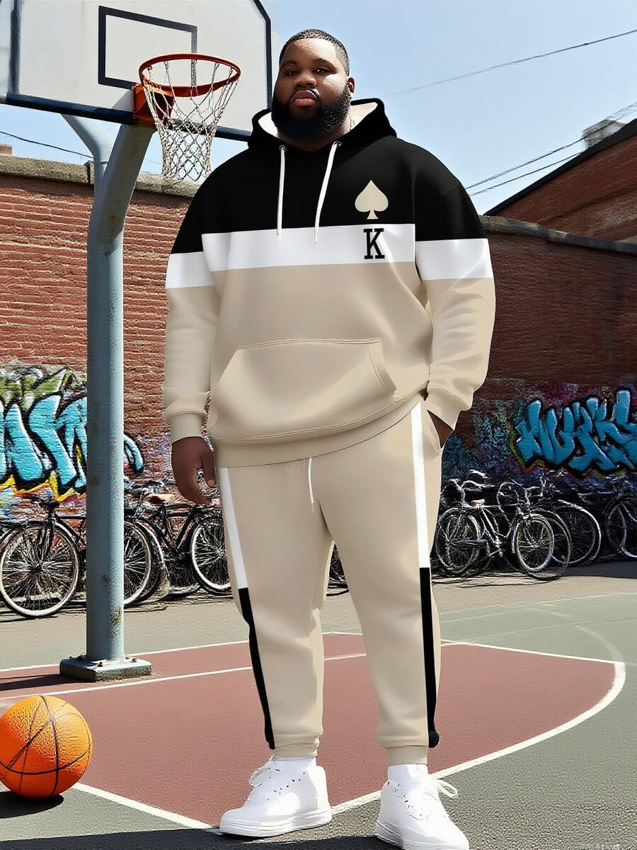 ZhuYa Popular "Old K Pattern And Contrast Striped" Matching Plus Size Men's Hoodie Set, Spring Autumn Winter Sports 2 Pieces Set - Ins Style Plus Size Loose Fit Comfortable Loose Hoodie + Drawstring Sweatpants, Street Hip Hop Versatile