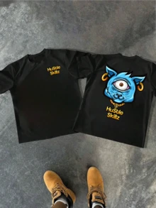 Men's DoubleSided Tee With OneEyed Blue Cartoon Cat Design And Hu$Tle $Killz Text, Graphic TShirt,Casual Style