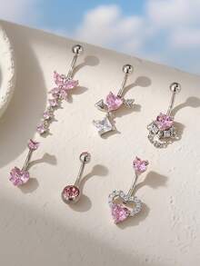 6pcs Sexy Luxury Butterfly, Heart, Star Zirconia Navel Rings Set, Intimate Piercing Jewelry For Party - 6 Items - View 2