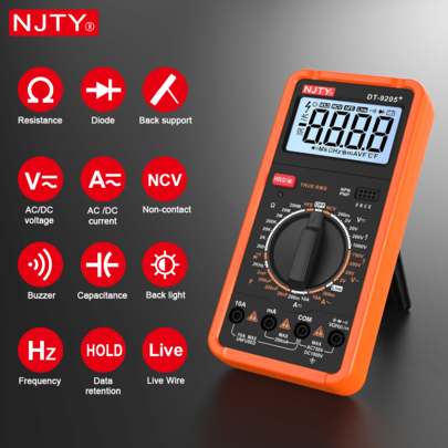 NJTY 9205 Digital Multimeter, High Precision Electrical Maintenance Tester, Voltage, Current, Resistance, Frequency ,Live Wire, Multifunction Meter, Durable ABS Construction With Stand Support