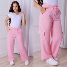 Calça cargo pantalona juvenil feminina lisa de duna - Rosa chiclete - Visão 3
