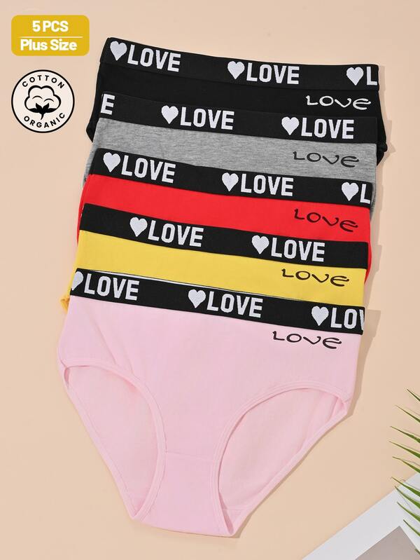 5 Packs 100% Cotton Women's Briefs ,Love & Heart Print Panties | Soft Comfy Everyday Wear With LOVE Print