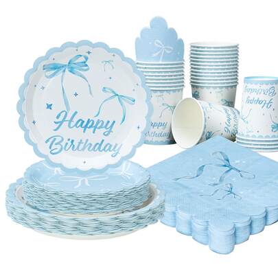 1 Set Blue Bow Birthday Party Disposable Plates, Napkins, Cups, Bow Decor Party Supplies, Serves 25 Guests, Disposable Paper Plates Party Tableware Suitable For Party, Gender Reveal, Picnic