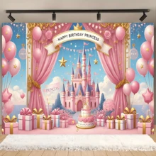 1件生日公主背景横幅，以礼物、粉色窗帘、气球和粉色城堡设计为特色，采用涤纶面料制成，适用于派对、庭院、拍摄背景、室内外、婚礼和生日主题装饰。 - 彩色 - 查看 1