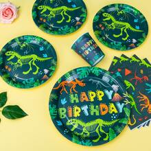 Dinosaur Fossil Happy Birthday Disposable Plates, Napkins And Cups, Dinosaur Fossil Happy Birthday Plates, Napkins And Cups Party Supplies, Suitable For 25 Guests, Disposable Paper Plates Party Tableware Suitable For Birthday Party, Family Picnic - Nhiều màu - Xem 3