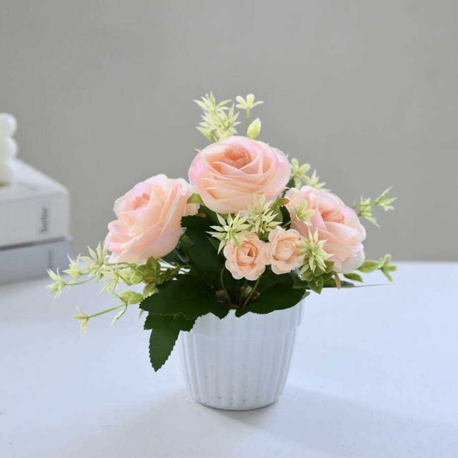 20 cm künstliche Rose als Topfpflanze für Heimdekoration, Fotografie, künstlicher kleiner Bonsai, Hochzeitsblumenornamente, Simulationsblumen-Set, Kombination aus Heimdekoration, Rose, Innenbereich, Wohnzimmer, Veranda-Dekoration, Blumen und Grünpflanzen, künstliche Blumen, Fotografie-Requisiten, Blumendekoration, kleine Topfpflanze - Pink - Übersicht 1