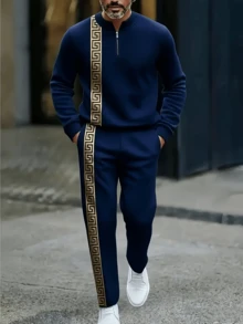 2PCS High-Quality Polyester Men's Long-Sleeved + Long Pants Sportswear Set, 3D Printed Pattern, Anti-Wrinkle And Easy To Care For, Half-Collared Top, European And American Style, Fitness, Outdoor Leisure, Golf, Tennis - Màu xanh hải quân - Xem 3