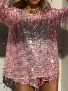 Women's 2 Piece Party Outfits Long Sleeve O Neck Sequins Tassel Tops Shorts Sets - 粉色 - 查看 2