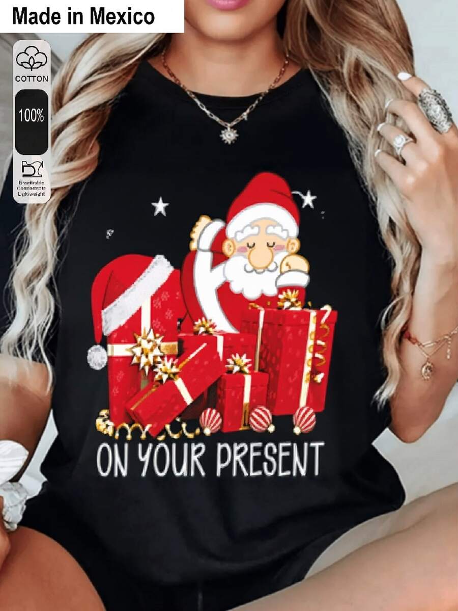 1 camiseta unisex estampada de corte holgadoChristmas Cartoon style Santa Claus gift pileAdecuado para ocasiones como las vacaciones de verano, Halloween y el Día de la Independencia de México. - Negro - Ver 1