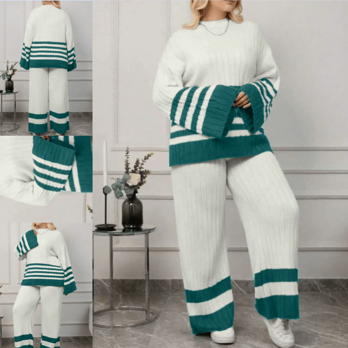 مجموعة من 2 قطعة كنزة صوفية طويلة الأكمام وبنطال طويل، ألوان متباينة، خريف/شتاء