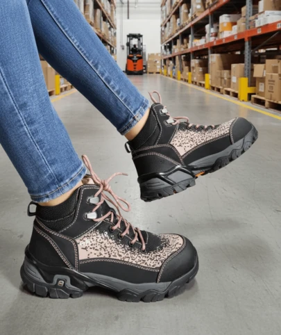 Bota de seguridad industrial para dama SF78 color negro con rosa, punta de protección y suela antideslizante  Deportivo    Fibra Sintética    ANUDADO  Ojales    Exterior