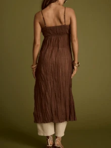 Womens Front Split Long Dress Sleeveless Spaghetti Strap Solid Color Dress Longline Cami Tops - Volcanic Gray - View 5