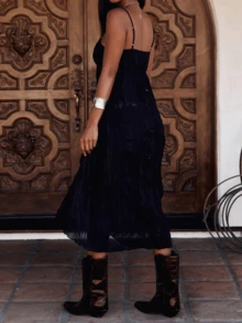 Womens Front Split Long Dress Sleeveless Spaghetti Strap Solid Color Dress Longline Cami Tops - 黑色 - 查看 4