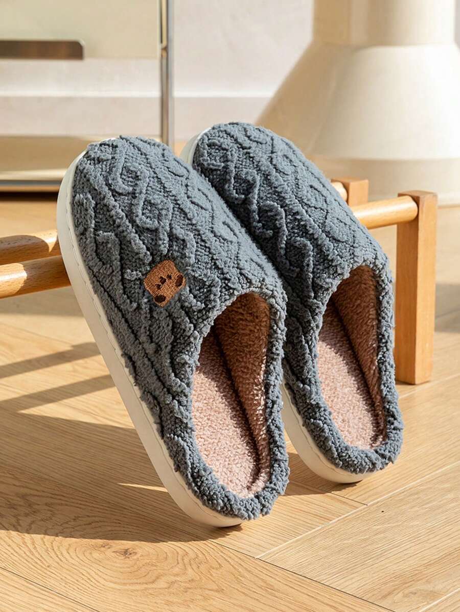 Pantuflas de mujer con diseño lindo de oso de peluche, pantuflas cómodas y resistentes al deslizamiento para usar en interiores en otoño/invierno - Gris - Ver 1