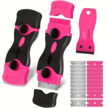 1 Set Of Multifunctional Cleaning Spatula, Degumming Spatula, Glass Spatula, Car Film Tool.1 Pink Double-Headed Scraper + 10 Metal Blades + 10 Plastic Blades.Suitable For Floor Cleaning, Glass Stickers, Kitchen Decontamination, Beauty Seam Construction, Home Decoration.Outdoor Advertising, Etc.A Cleaning Artifact For Families And Professionals. - Pink - View 2