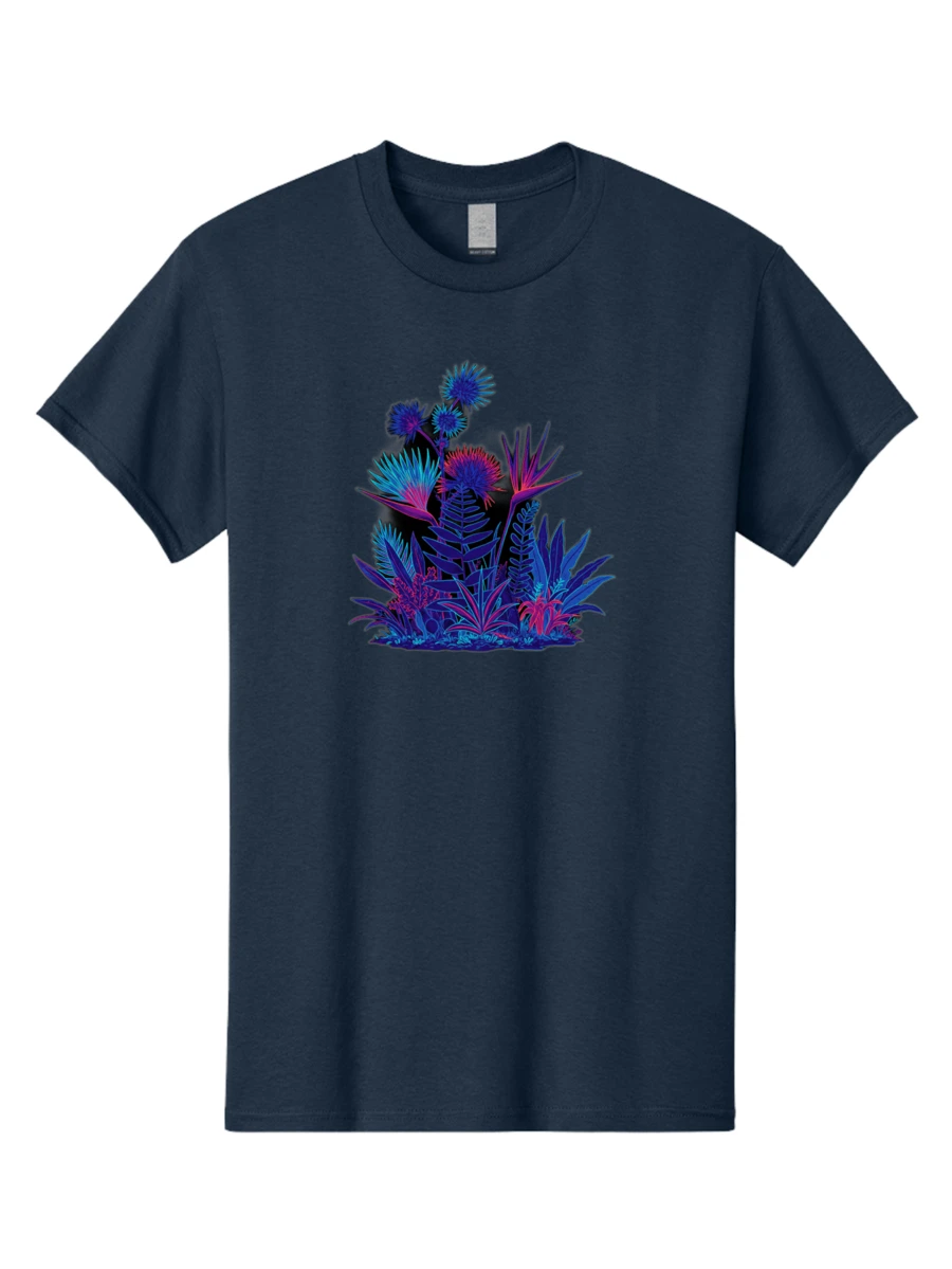 Thistle-Plants Men's Graphic Tee, 100% Cotton, Comfortable Casual Summer Wear, Machine Washable, Travel Clothes, Thistle Plants, Blue And Pink Hues, Neon Colors, Vibrant Foliage, Floral Arrangement, Digital Art, Abstract Plants, FuturisticClothing Salesgraphic T-Shirt, Custom T-Shirt, Funny T-Shirt, Men's T-Shirt, Top, Crew Neck - BAH249 - Navy Blue - View 1