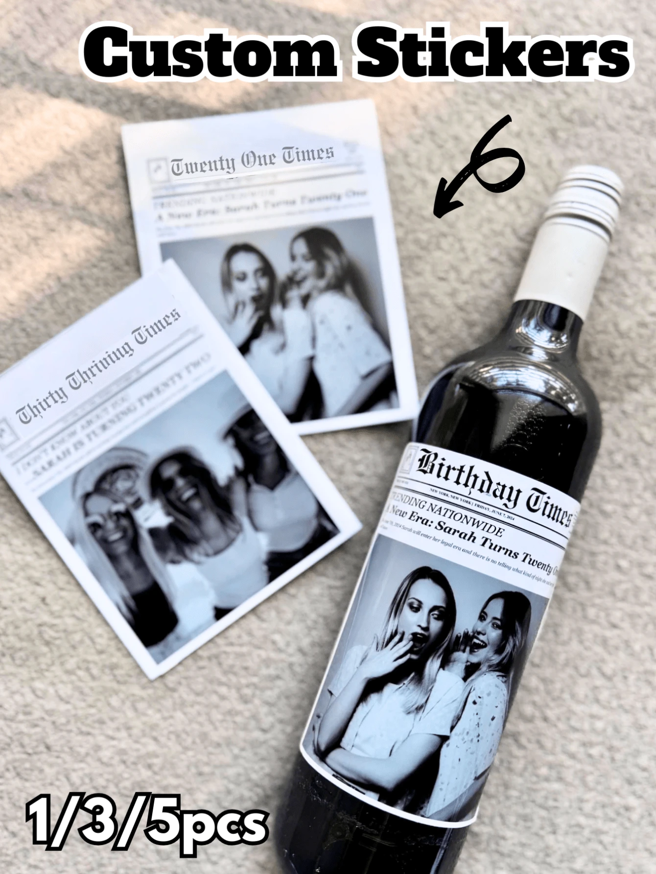 1/3/5张个性化报纸瓶贴礼品，适用于葡萄酒、香槟、迷你烈酒，适合生日、毕业、单身派对、拍照、30岁、21岁、退休等场合。个性化葡萄酒瓶贴，可定制文字和照片，优雅的黑白设计，独特的婚礼和伴娘邀请葡萄酒标签，订婚和周年纪念礼物，生日派对和节日庆典酒瓶装饰。 - 彩色 - 查看 1