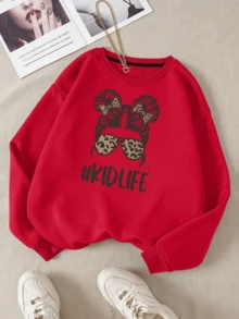 Sudadera informal cómoda de poliéster para mujer con mangas largas y un llamativo diseño de leopardo. - Rojo - Ver 1