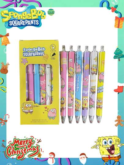  1/6/12pcs SpongeBob Square Ballpoint Pens, High Cost-Effective Pressing Pens, Student Practice Pens, Smooth Writing, 0.5mm ST Tip, Black. Best Party Decoration For Gathering With Friends, Home Decor.