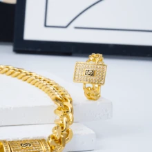 5pcs/Set Vintage 18K Gold Plated Zirconia Cuban Link Earrings, Necklace, Ring, Bracelet Jewelry Set, Suitable For Women, Wedding, Daily, Party, Graduation, Birthday, Gift, Couples