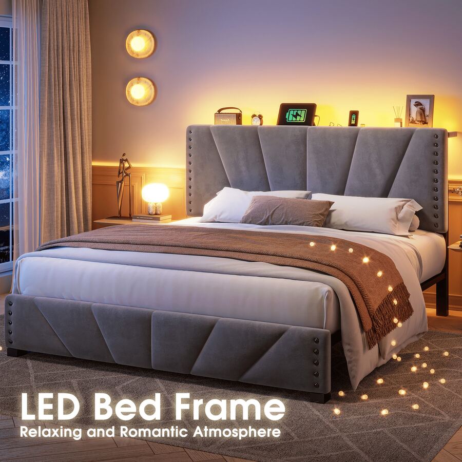 EnHomee Queen/King Size Bed Frame With LED Lights And Charging Station Platform Bed With Storage Headboard Sturdy Wooden Slats Support, Noise-Free, Easy Assembly, Grey - 查看 1