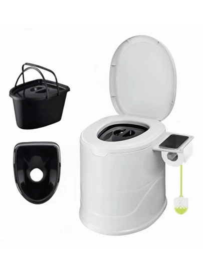 Baño Portatil Inodoro Para Camping Y Hogar Con Dos Barriles, 1 pieza Inodoro portátil para camping con tapa de apertura automática y soporte incorporado para toallas de papel - Liviano, sin necesidad de electricidad para uso al aire libre, autocaravana, viajes, personas mayores, mujeres embarazadas, discapacitados - Blanco, inodoro portátil para camping, artículos esenciales de baño de viaje, solución de baño compacta, superficie fácil de limpiar