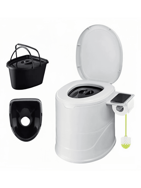 Baño Portatil Inodoro Para Camping Y Hogar Con Dos Barriles, 1 pieza Inodoro portátil para camping con tapa de apertura automática y soporte incorporado para toallas de papel - Liviano, sin necesidad de electricidad para uso al aire libre, autocaravana, viajes, personas mayores, mujeres embarazadas, discapacitados