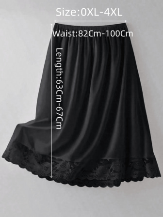 QING ROU Falda de satén negro con contraste de encaje y forro, falda entallada con volantes de encaje opaco y antirreflectante, adecuada para un conjunto coordinado