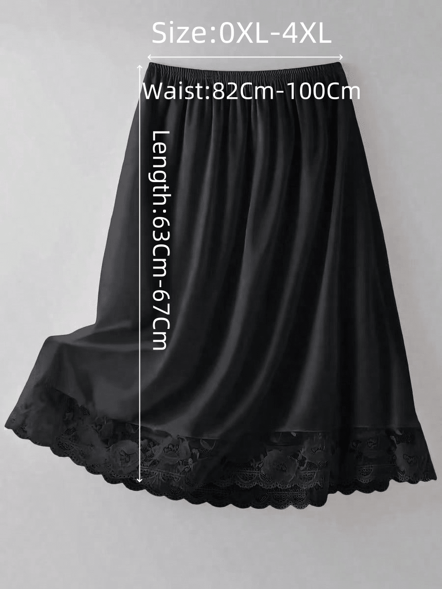 QING ROU تنورة طول الركبة من الساتان الأسود مع بطانة من الدانتيل، تنورة قصيرة على شكل حرف A مع تطريز دانتيل غير شفاف، مناسبة لتنسيق الملابس