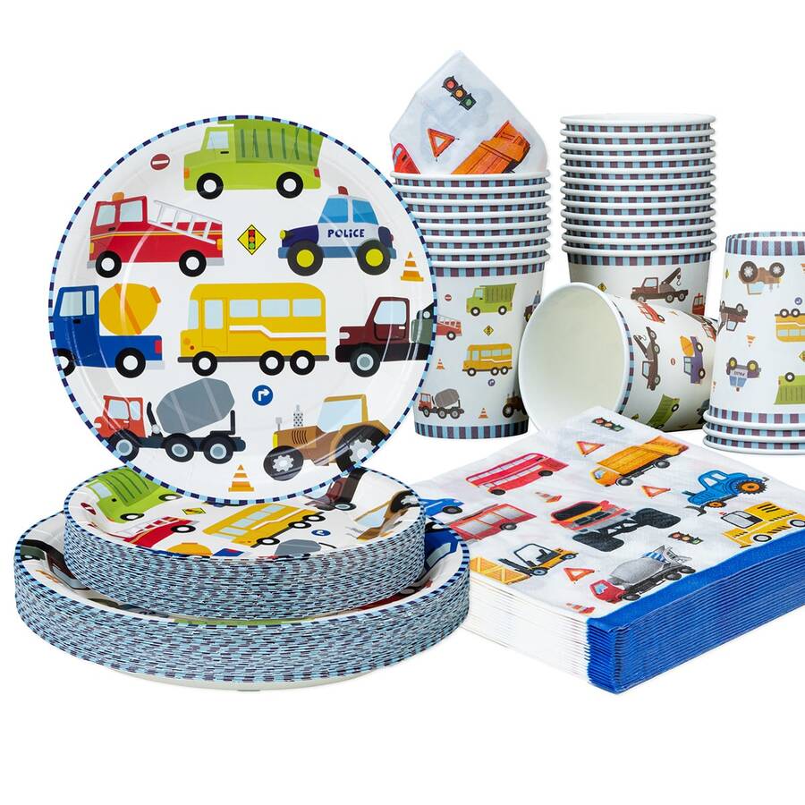 Platos, servilletas y vasos desechables con temática de transporte - camiones, coches, coches de carreras, camiones de bomberos, platos, servilletas y vasos de feliz cumpleaños para fiestas, adecuados para 25 invitados, suministros de fiesta de platos de papel desechables para cumpleaños, bodas, fiestas, picnics familiares - Multicolor - Ver 1