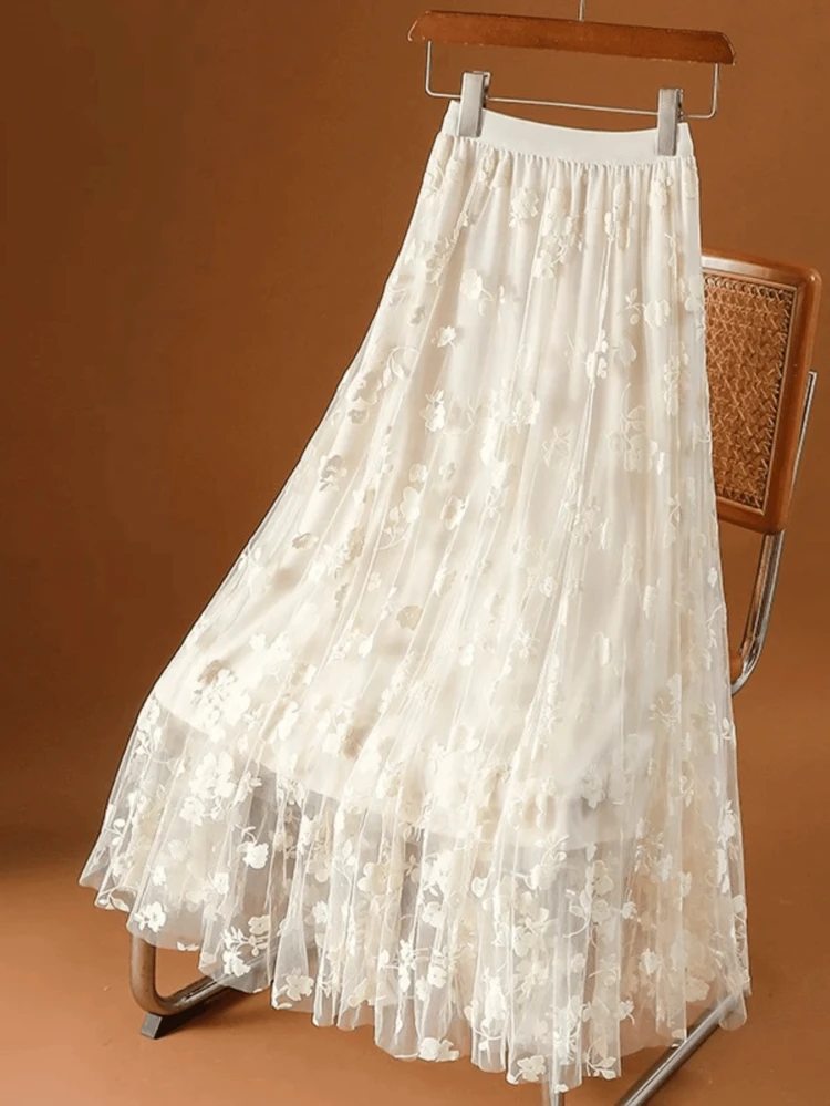 Saia floral de malha para mulher 2025 primavera e outono novo estilo cintura alta comprimento médio - Bege - Visão 5