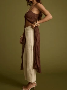 Womens Front Split Long Dress Sleeveless Spaghetti Strap Solid Color Dress Longline Cami Tops - Volcanic Gray - View 3