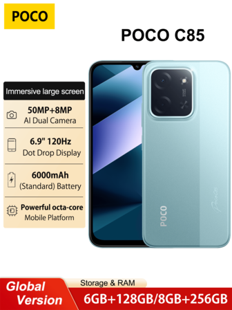Xiaomi POCO C85 Smartphone 6+128G 8+256G Global Version Immersive 6.9" Display Massive 6000mAh Battery Helio G81-Ultra Processor Clear 50MP Al Dual Camera Powered By 33W Fast Charging