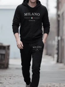 Milano, Italia Mens Black Jogger Hoodie Tracksuit Set 2 Piece For Street Gym Sessions And At-Home Relaxing - Đen 27 - Xem 2